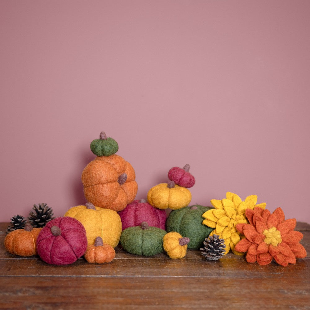 Sjaal met verhaal decoratie pompoenen van wolvilt. In vier kleuren: oranje, okergeel, bordeaux rood en groen. Formaat: large