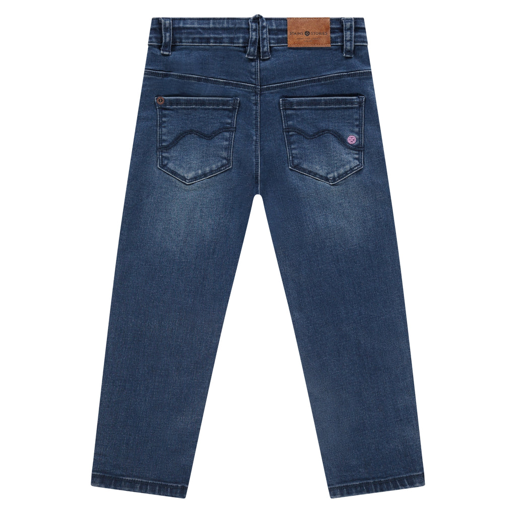 Stains and Stories Girl Denim Blue met paarse bloemetjes maat 92,98,104,110,116