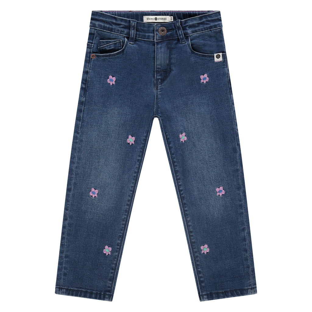 Stains and Stories Girl Denim Blue met paarse bloemetjes maat 92,98,104,110,116