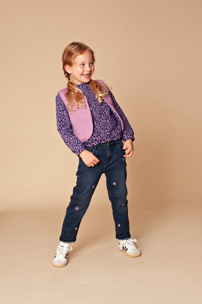 Stains and Stories Girl Denim Blue met paarse bloemetjes maat 92,98,104,110,116