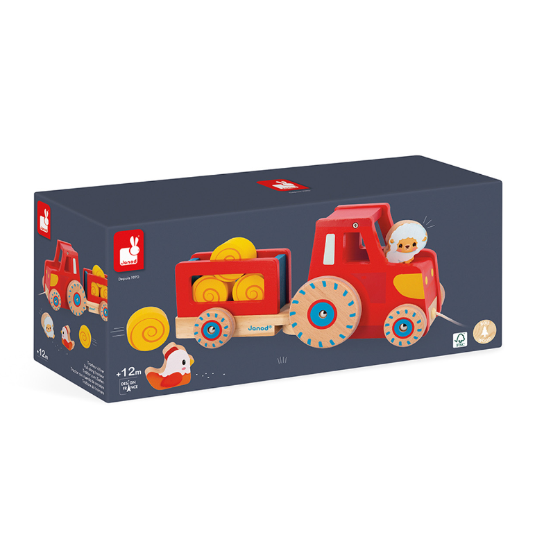 Deze leuke houten tractor bestaat uit een afneembare aanhangwagen, 4 strobalen, een kip en een schaap. Deze tractor met trekkoord is de ideale metgezel om uw kind te leren stappen.
