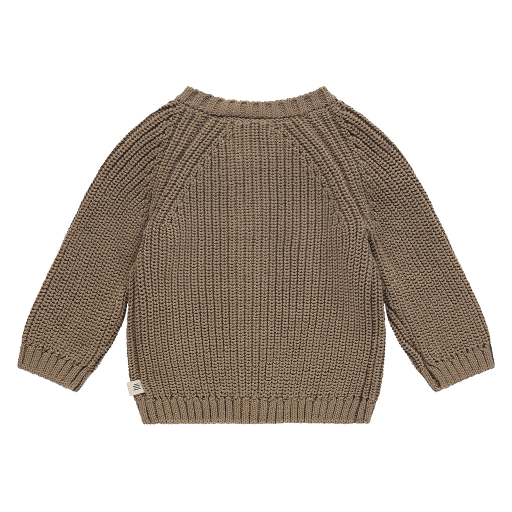 De achterkant van een bruin babyvestje