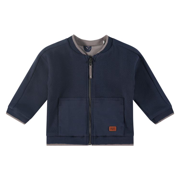 Een donkerblauw baby vestje met rits