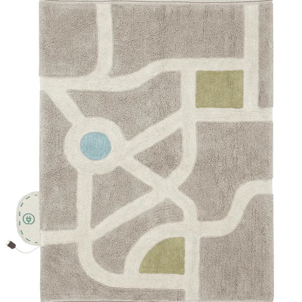 Lorena Canals Vloerkleed Machine wasbaar. Formaat: 120x170. Speelkleed voor kinderen met straten, parkeerplekken, oplaadstations. Met een aantal lossen accessoires inbegrepen.