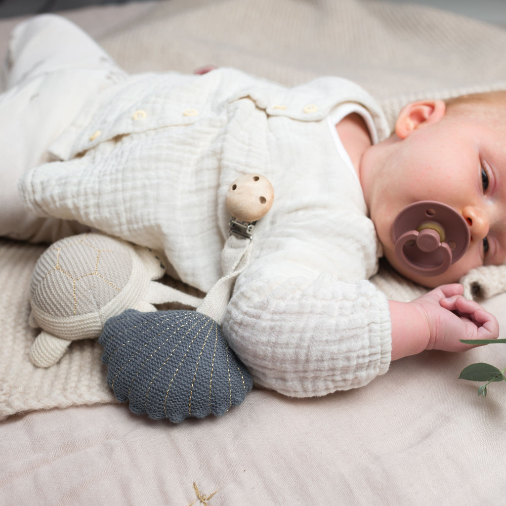 Een baby met een knuffel aan zijn speendoekje bevestigd