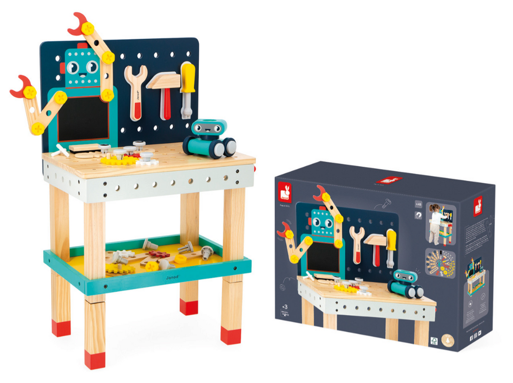 Grote robotwerkbank, monteer zijn armen om hem tot leven te wekken! Jouw kindje ontdekt een wereld van hout (3 stuks magnetisch gereedschap, 1 bankschroef, 7 tandwielen, 9 platen) en kunststof (8 schroeven, 8 moeren, 12 spijkers,…) om zijn verbeelding de vrije loop te laten.