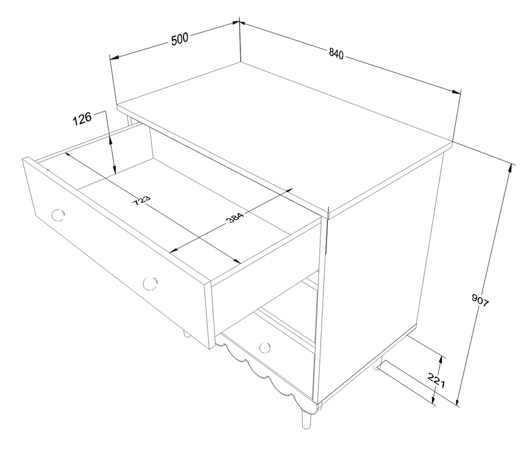 Een commode tekening met de afmetingen