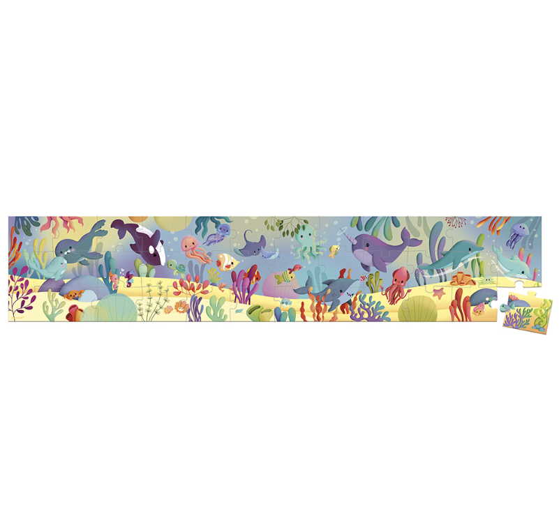 Deze mooie panoramische kartonnen puzzel uit 36 stukken met zeedieren als thema neemt uw kind mee op een ontdekkingsreis om verschillende zeedieren te herkennen. Er is tevens 1 poster meegeleverd om uw kind te helpen met het voltooien van deze puzzel. 