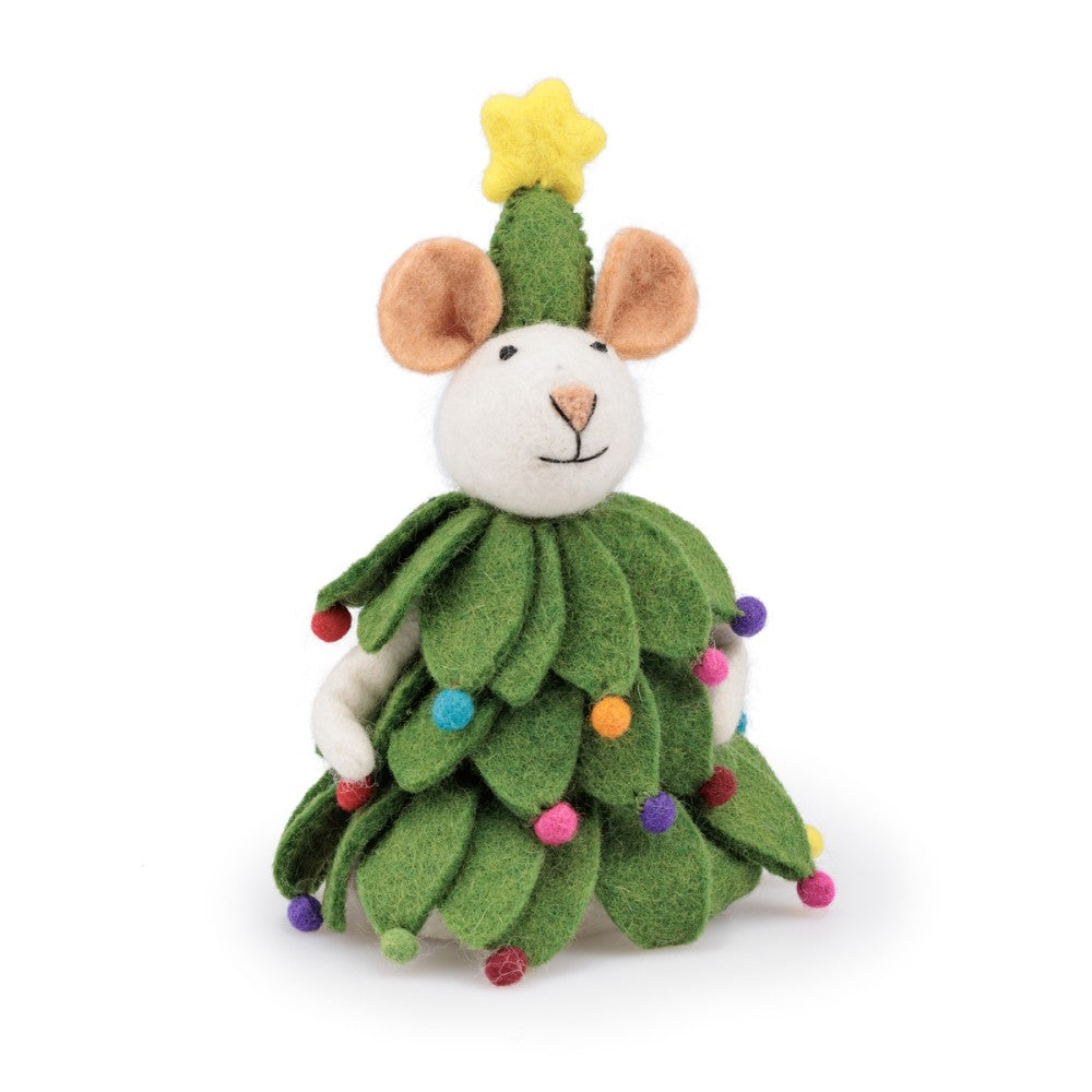 Decoratie muis verkleed als kerstboom gemaakt van wolvilt.