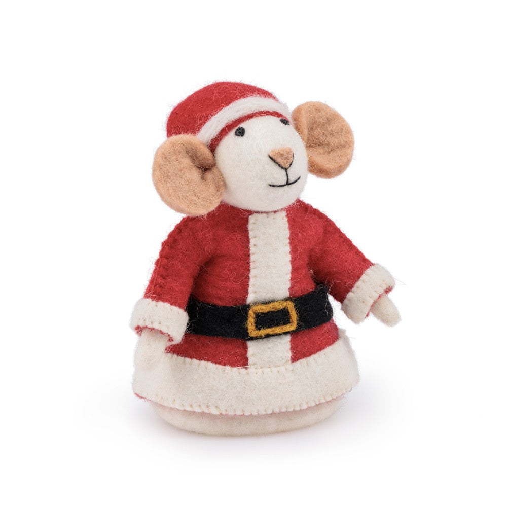 Muis verkleed als kerstman gemaakt van wolvilt.