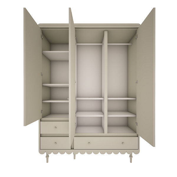 Een kledingkast met openslaande deuren, met legplanken, lades en hanggedeelte.